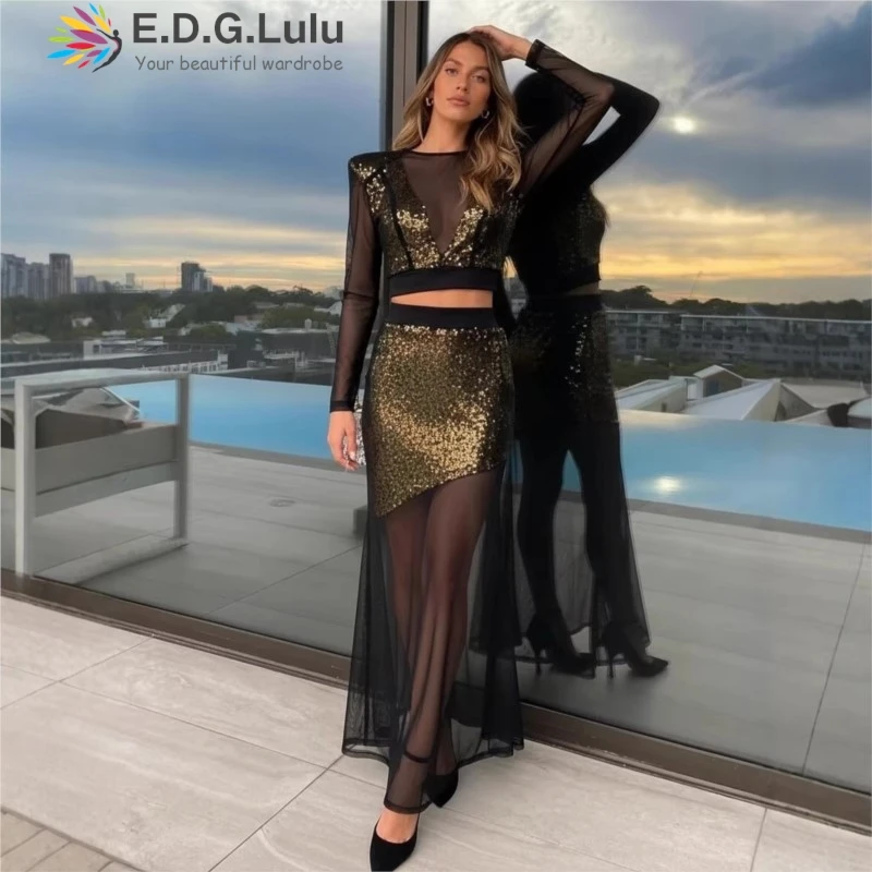 EDGLuLu 2 Pieces Set For Woman O Neck Mesh Long Sleeved Top+High Waist Fish Tail Long Skirt Sequin Splicing Suit 0815