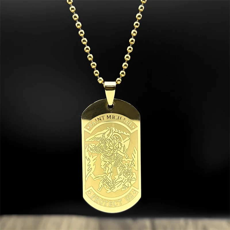 SAINT MICHAEL PROTECT US Archangel Stainless Steel Dog Tag Car Pendant  for Women Men Gold Color Bead Chain Jewelry Ornaments view 2