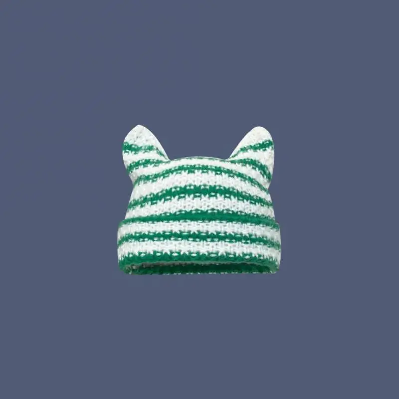 

Новинка, женская трикотажная шапка в полоску с рисунком маленького дьявола в стиле Харадзюку, милая осенне-зимняя шапка с кошачьими ушками