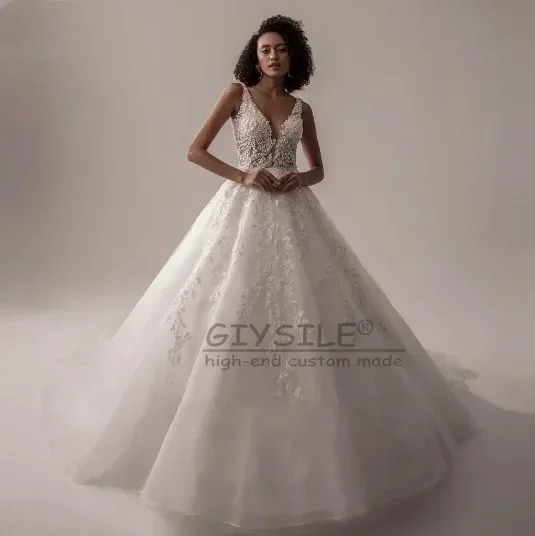 GIYSILE Gaun Pengantin Tanpa Lengan Leher V Vestido De Noiva Kustom 2025 untuk Wanita Gaun Pengantin Boho Pengantin Renda Gading A Line