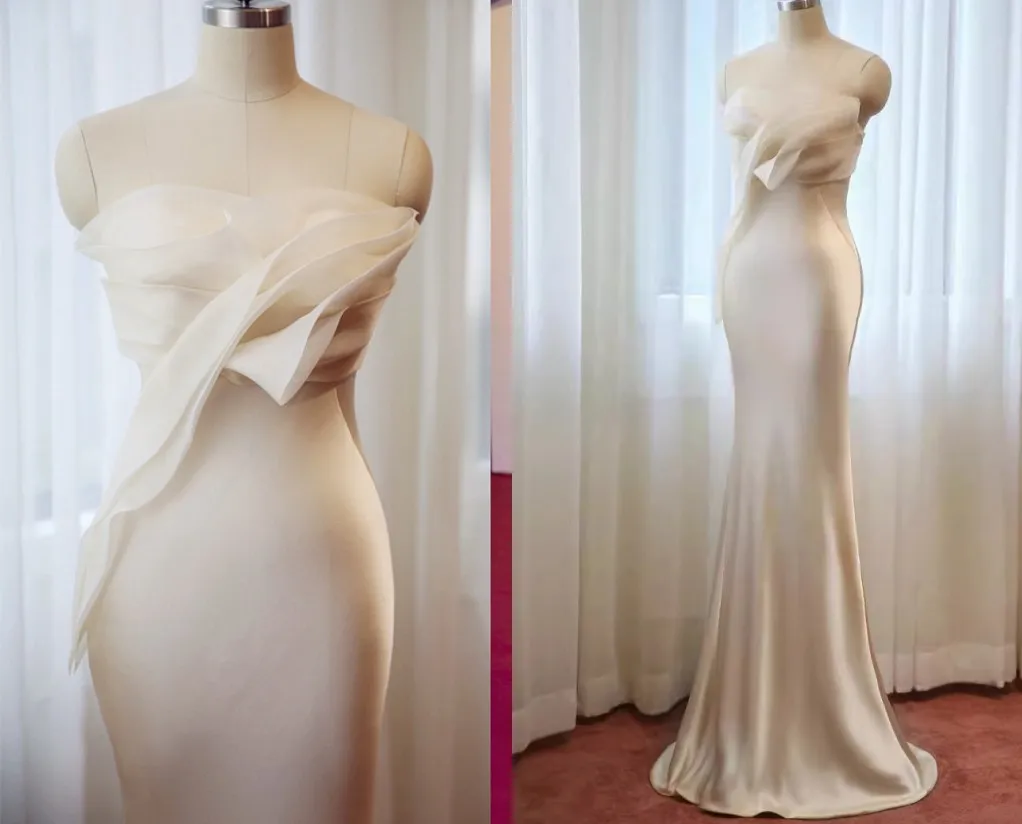 

Elegant Champagne Formal Evening Dresses Strapless Ruffles Mermaid Long Prom Celebrity Party Christmas Gowns Robe De Soriee