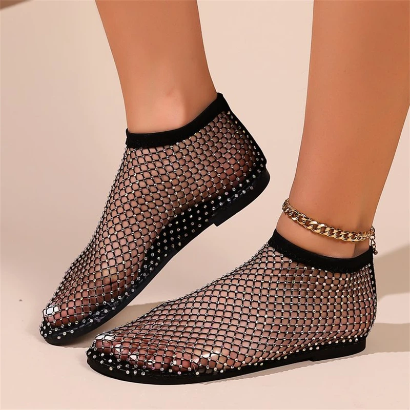 Fishing Net Rhinestone Design Women's Flat Shoes Breathable Big Size 35-43 Women Ballet Dancing Shoes Hand-made Sapatos Femimino