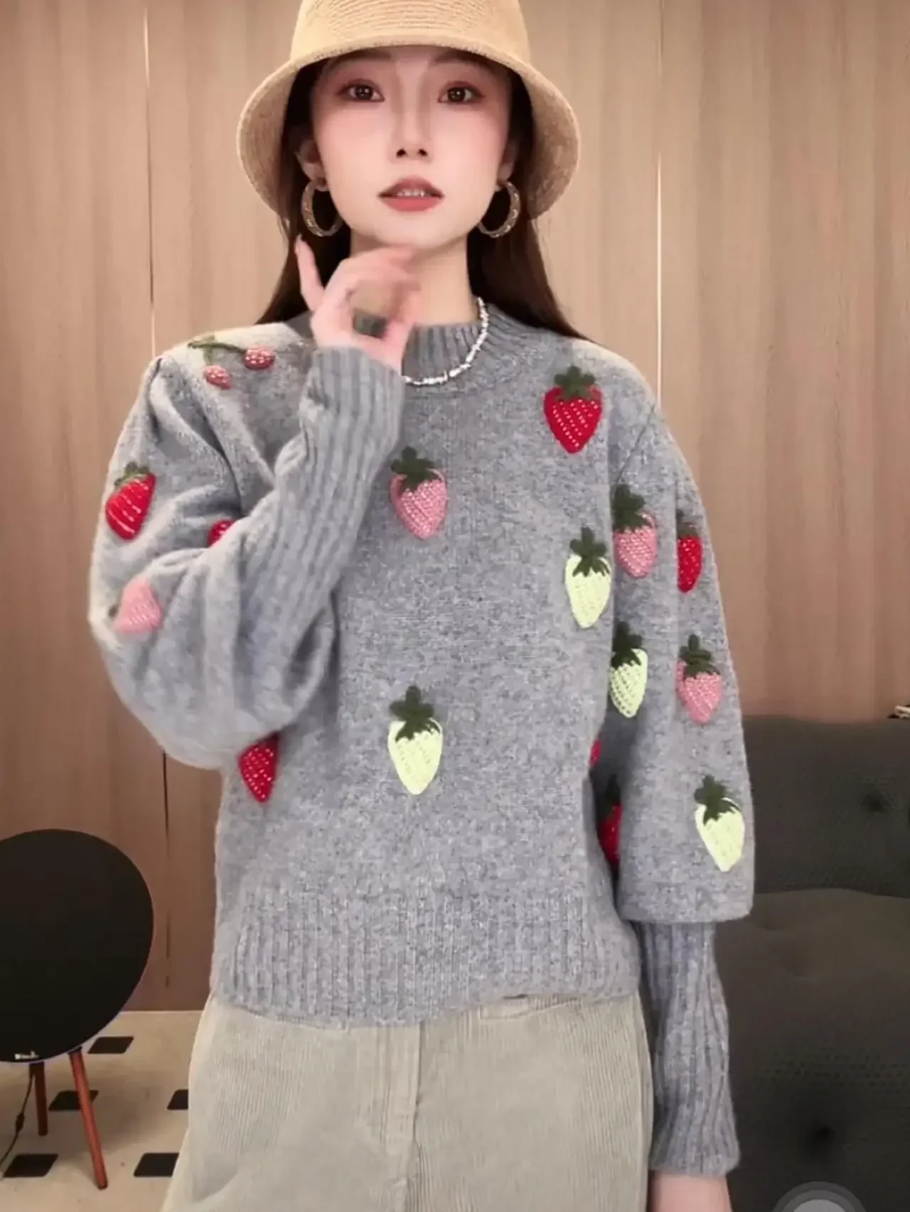 Retro Lantern Sleeve Short Jacket Elegant Women Cute Fruit Strawberry Embroidery Lovely Sweaters Tops High Street Kpop Clothes