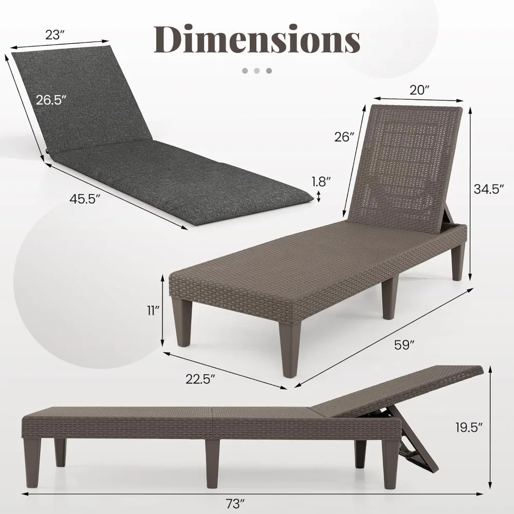 Outdoor Chaise Lounge Chair Rattan Recliner Lounger with Removable Cushion & 3-Level Adjustable Backrest, Patio Tanning Chair