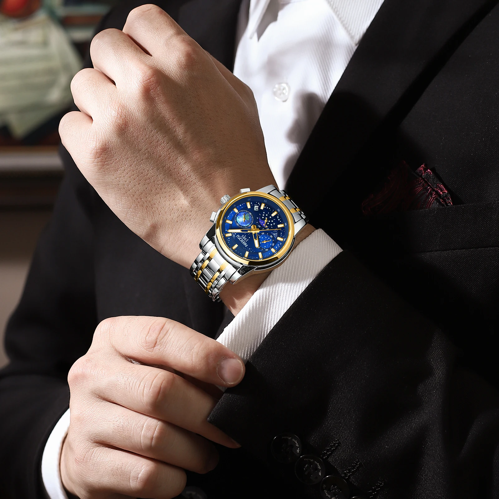 NIBOSI Top Brand Luxury Men's Watch Waterproof Luminous Stainless Steel Lunar Phase Timing Code Watch New Quartz Men's Watch