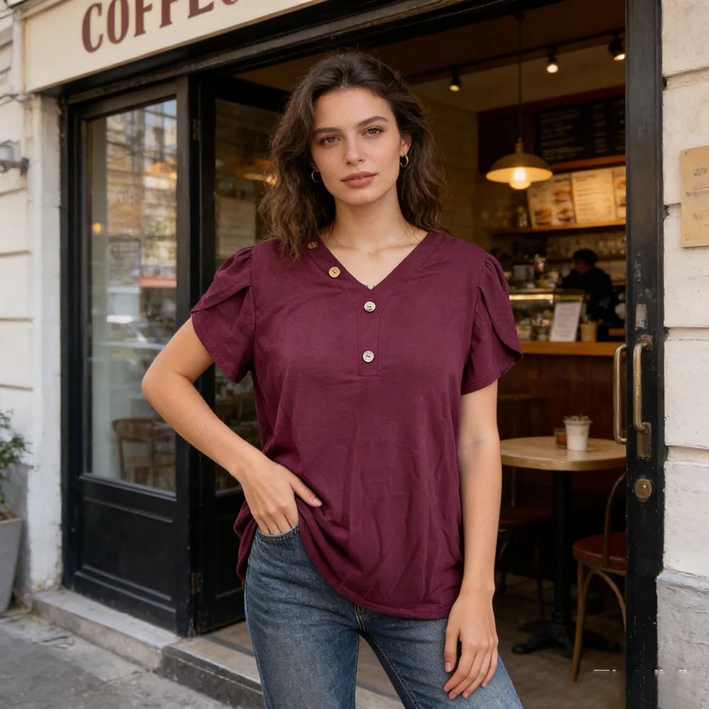 Women's Casual V-Neck Button Detail T-Shirt – Relaxed Fit for Everyday Style