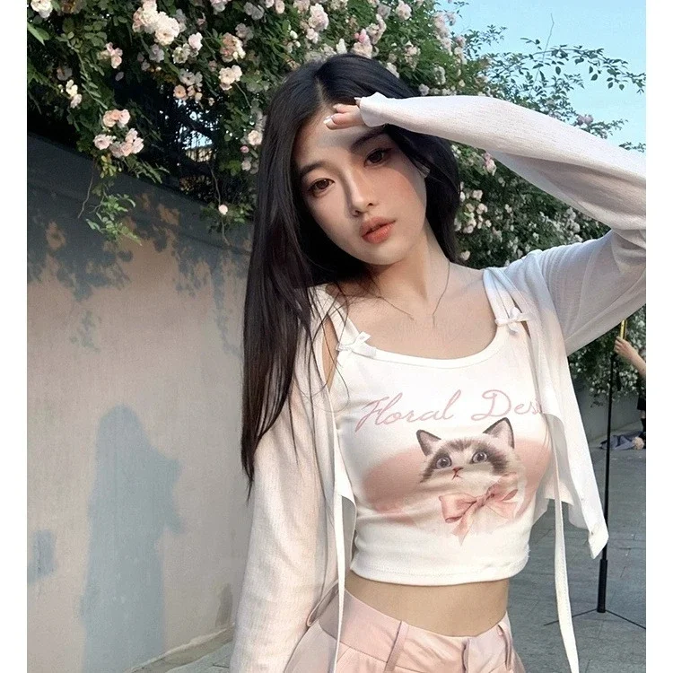 2024 Summer Sweet Slim Fit Long Sleeve Cardigans Mujer+ E-Girl Kawaii Cat Print Bow Vest for Women Y2k Grunge Two Piece Sets