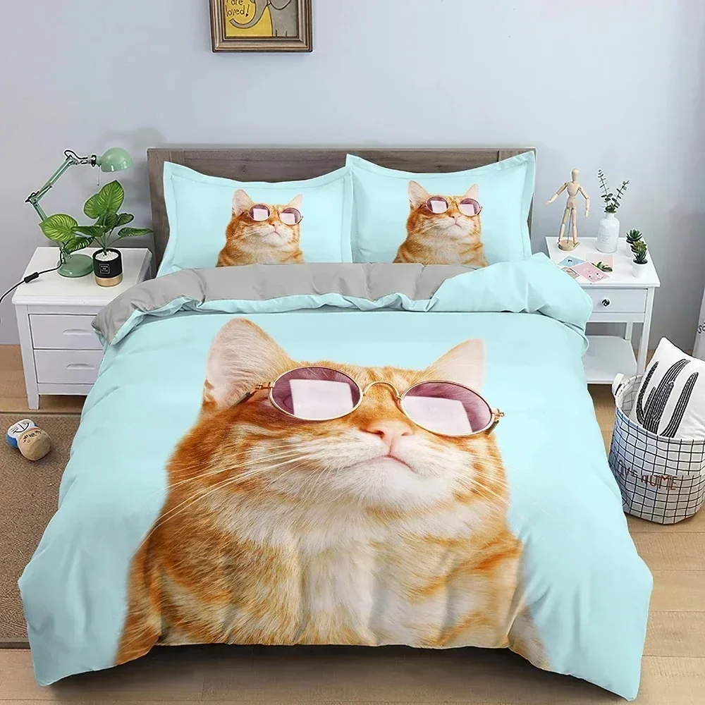2-3-個の高精細模様入り猫寝具セット、家庭用布団カバーと枕カバー-135x200cm、寝室の装飾、絶妙なギフト