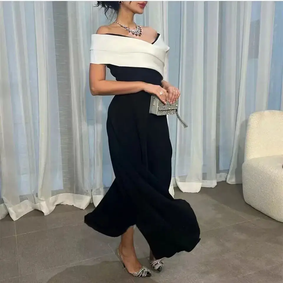 Customized  High Low Evening Gowns Off The Shoulder Black and White Satin Prom Dresses Formal Party Dress Robe De Soiree Women