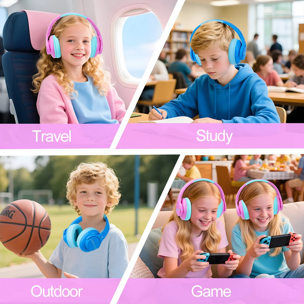 Anc sem fio bluetooth fone de ouvido crianças com cancelamento de ruído fones sobre a orelha dobrável proteção auditiva para viagens escola