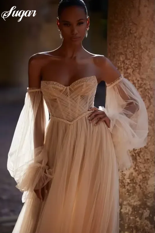 Graziosi abiti da ballo con scollo a cuore in tulle con perline Abito lungo a trapezio personalizzato Moda Boho per abiti da donna per maniche lussureggianti da sposa