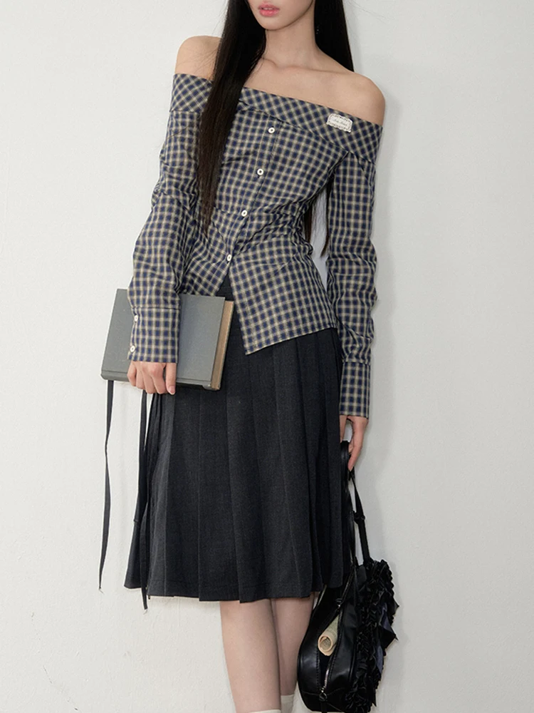 Coréen Sle oulder Bared Plaid Long Sve femmes irt début automne 2025 nouvelle taille haute minceur jupe plissée deux pièces...