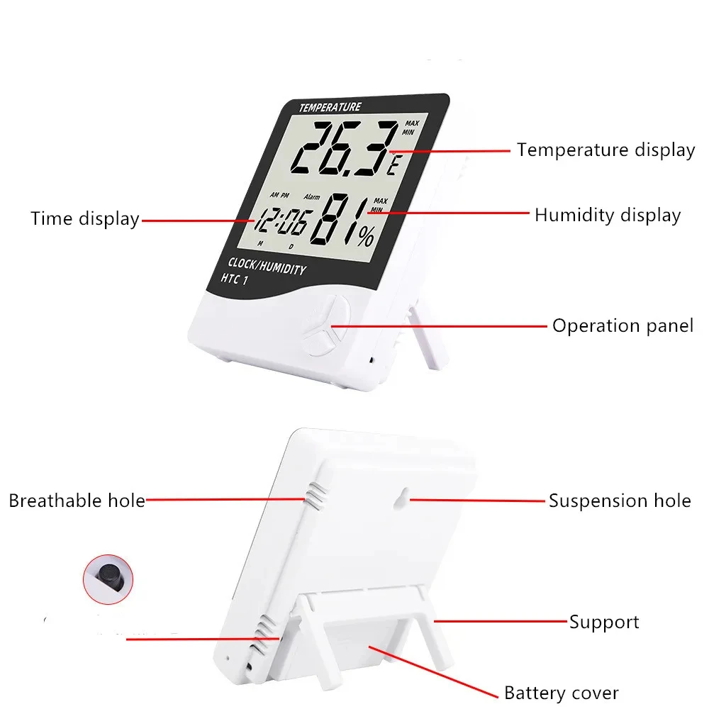 HTC-1 HTC-2 LCD Electronic Digital Temperature Humidity Meter Home Thermometer Hygrometer Indoor Outdoor Weather Station Clock