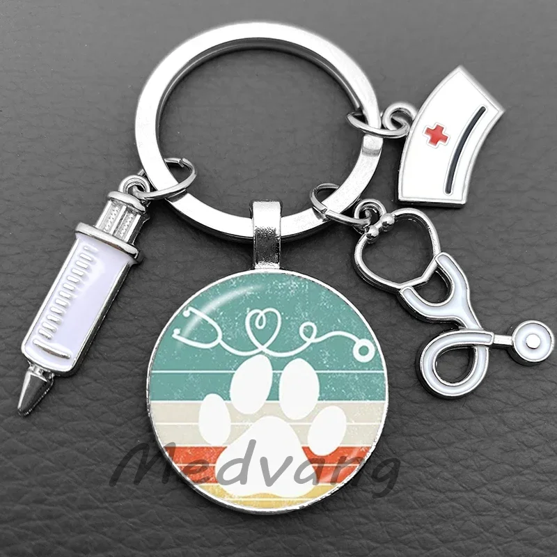 veterinarian keychain pendant Convex glass key chain Stethoscope keyring Nurse Hat key keyholder Jewelry for Pet doctor gift