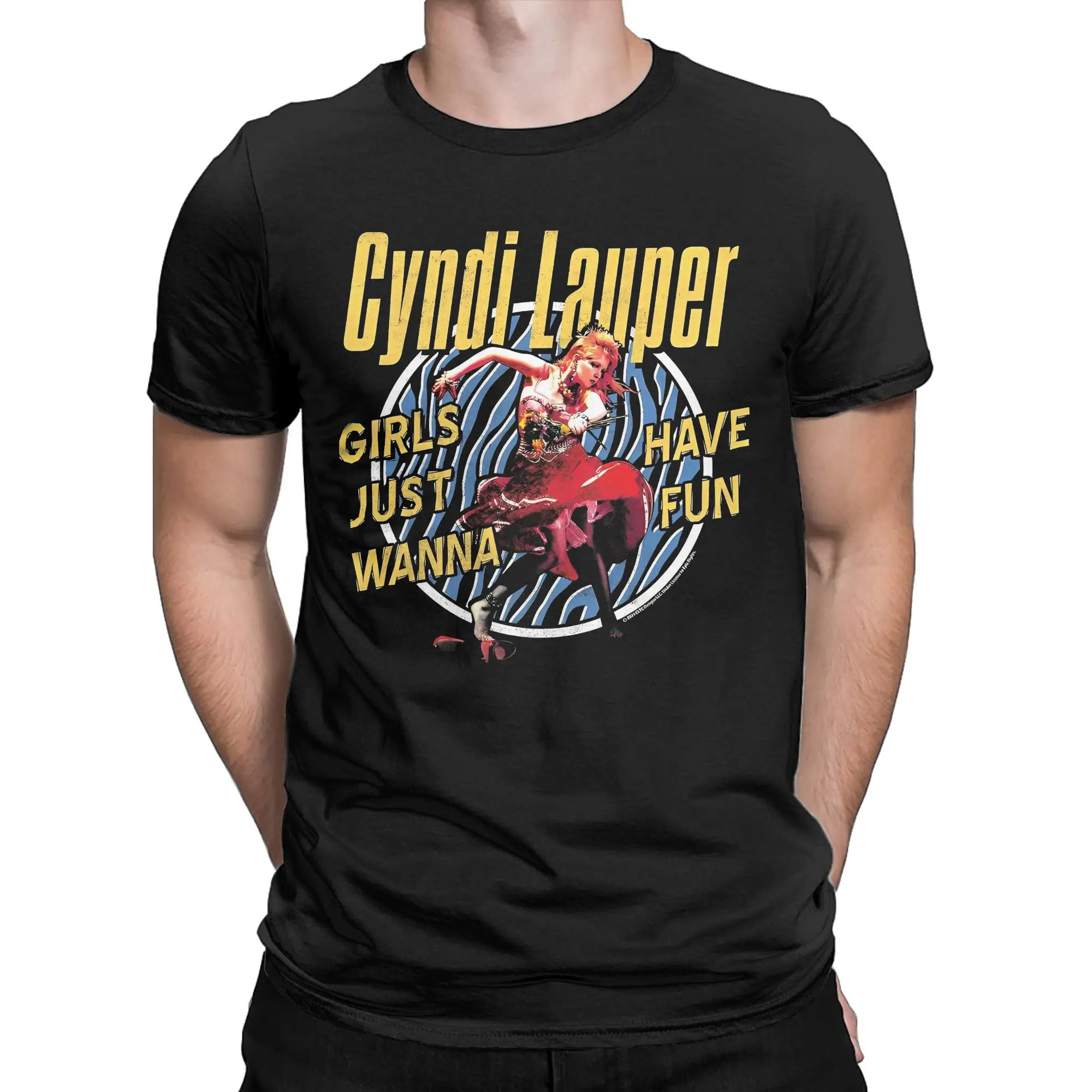 Cool Cyndi Lauper Singer Tour T-Shirt Men Round Collar Pure Cotton T Shirts She's So Unusual Short Sleeve Tee Big Size Clothing