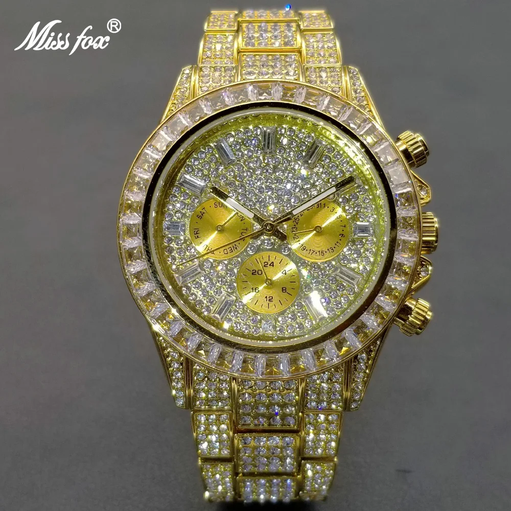 

MISSFOX Hip Hop Men Watch Luxury Iced Out Diamond Gold Watches Fashion Stainless Steel Dive Week Display Clock Dropshipping 2022