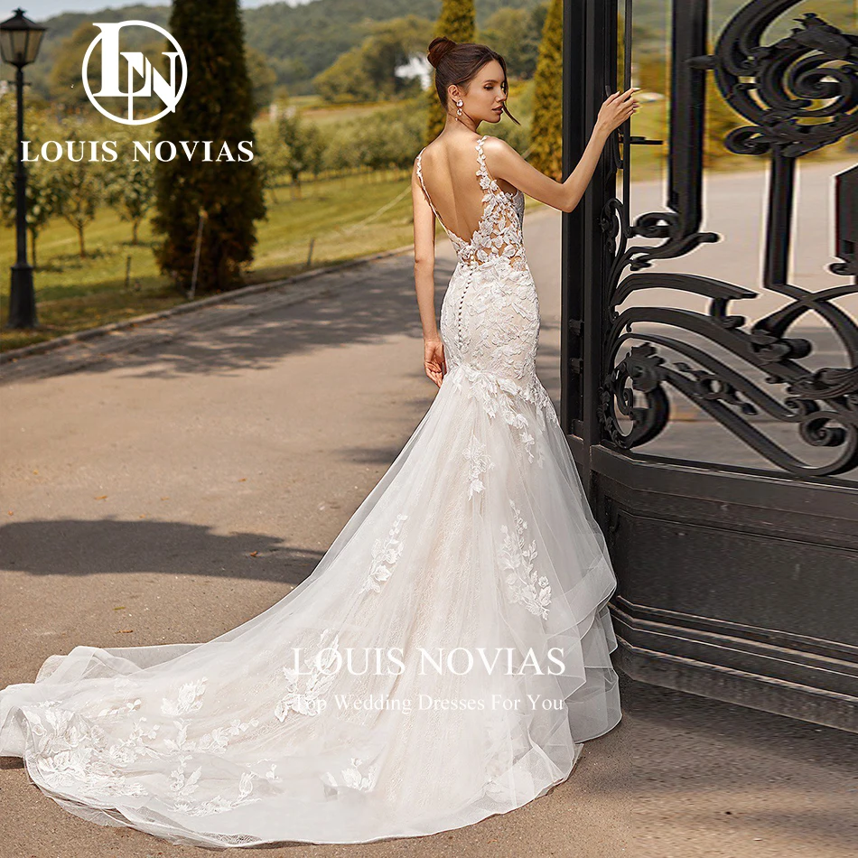 Louis novias sereia vestido de casamento querida cintas de espaguete bordado ilusão tribunal trem vestido de casamento vestidos de novia