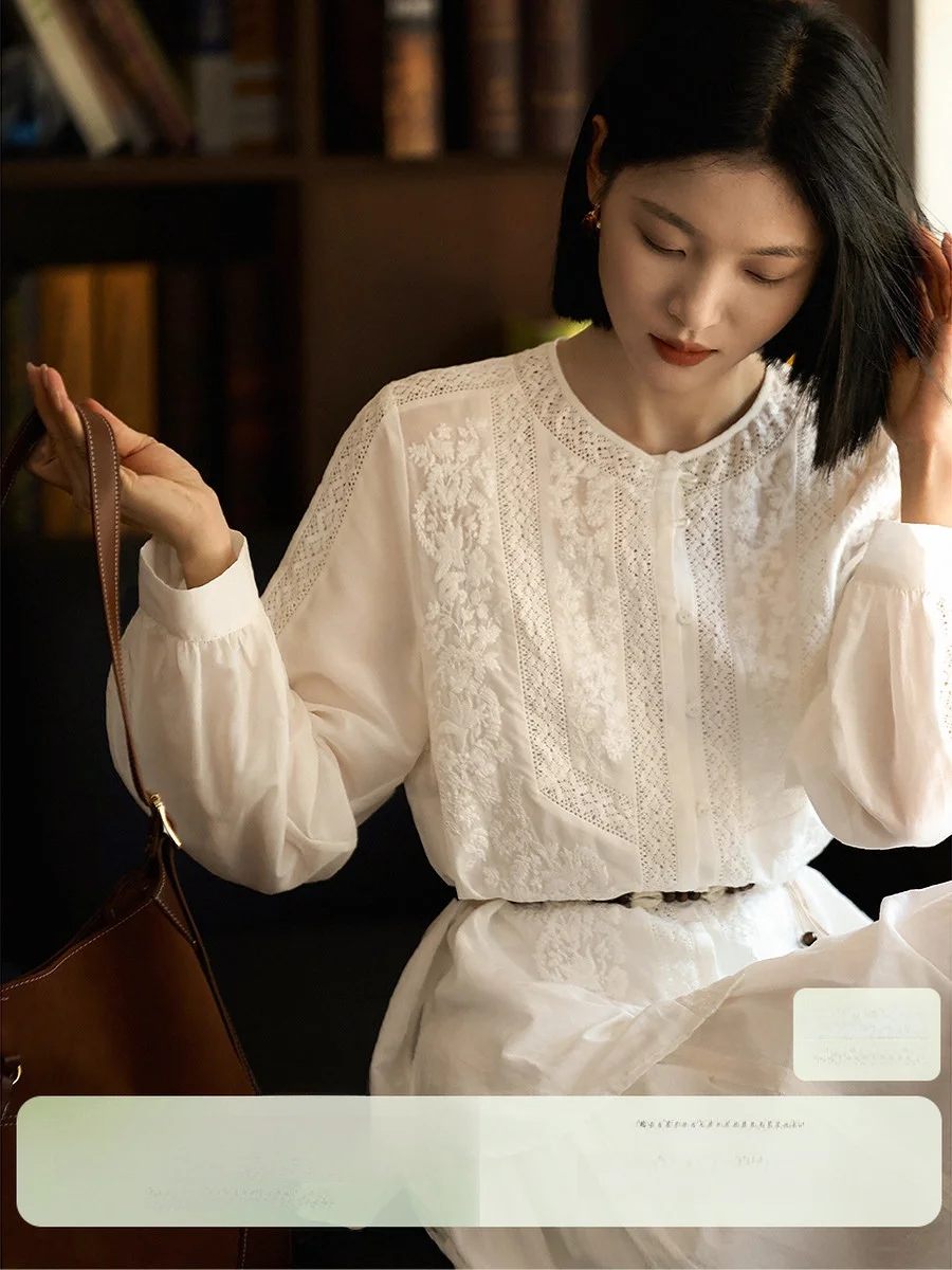 

Romantic Lace Small irt Women's Heavy Embroidery Tee-Dimensional Stitching Breathable Skin-Friendly Long Sve Casual irt