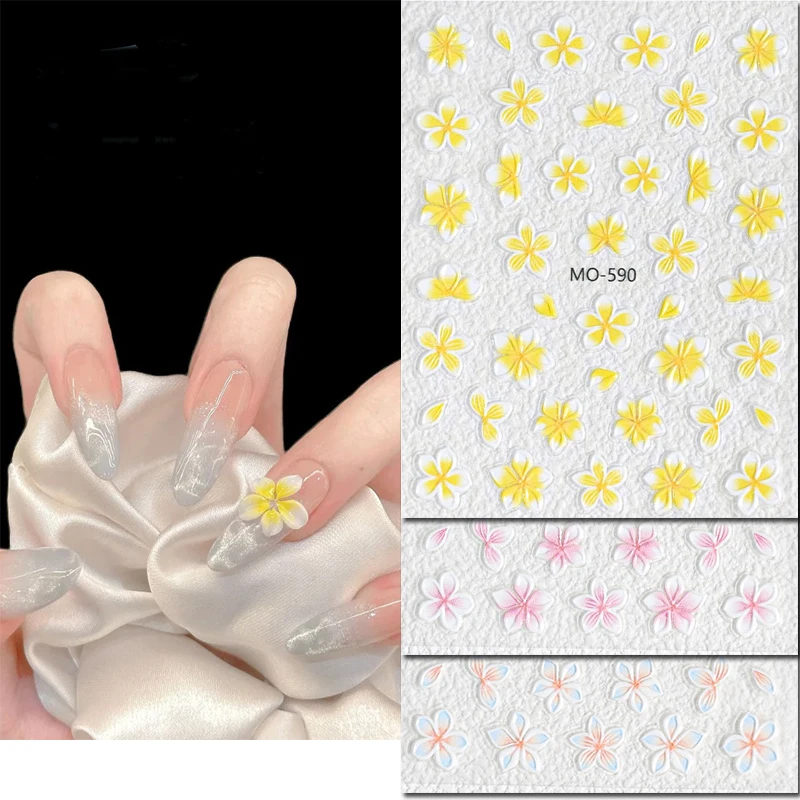 

5d Embossed Nail Art Stickers Yellow Pink Blue Frangipane Petals Flowers Sliders Decals Decorations For Nail Tips Manicures