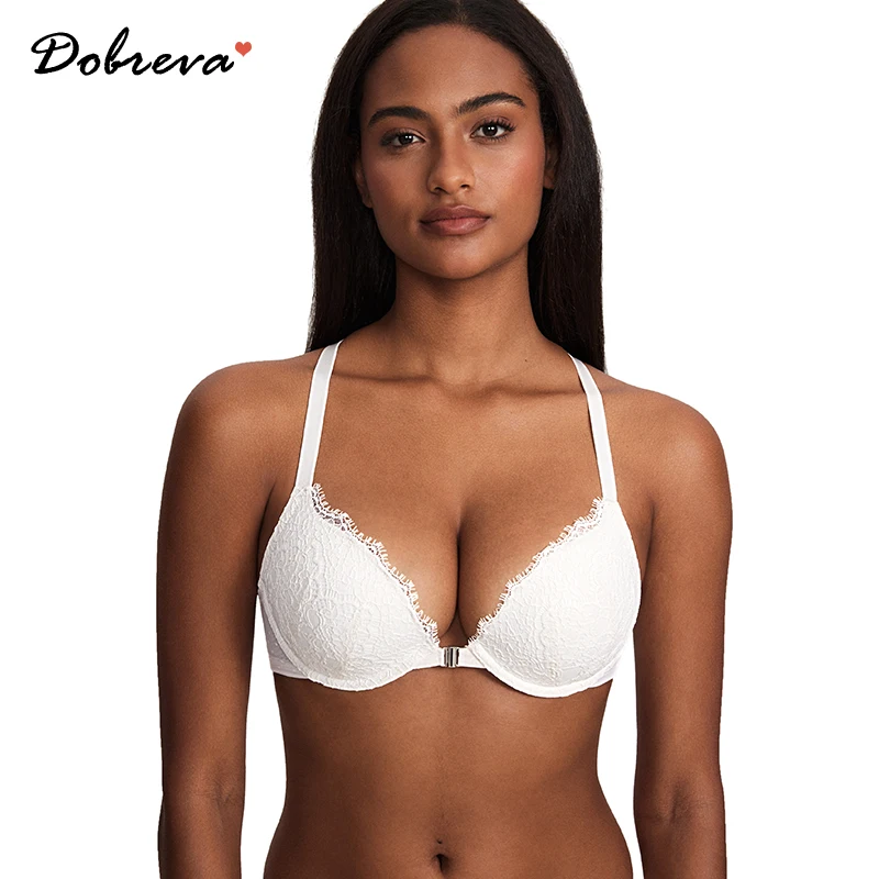 DOBREVA Women's Push Up Racerback Bra Front Closure Lace Plunge Bras Padded Full Coverage Underwire