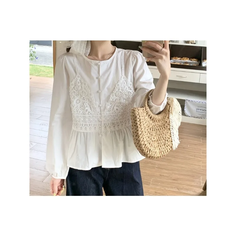 

Spring and Summer Suspender Lace Splicing Shirt Women's Design Sense French Temperament Long-sleeved Short Top