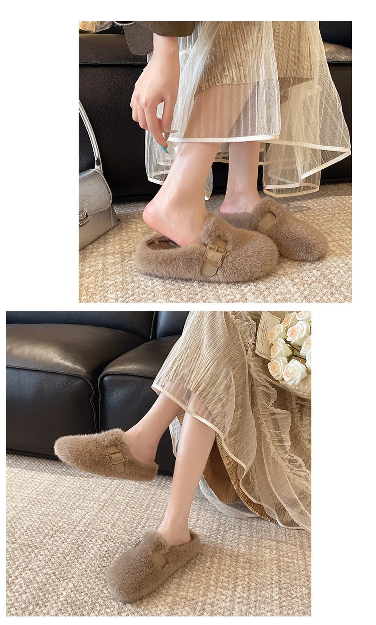 Weiche Teddyfell-Mule-Clogs für Damen, warme Plüsch-Slides für den Winter, flauschige Boken-Schuhe im Markendesign – Detail 12