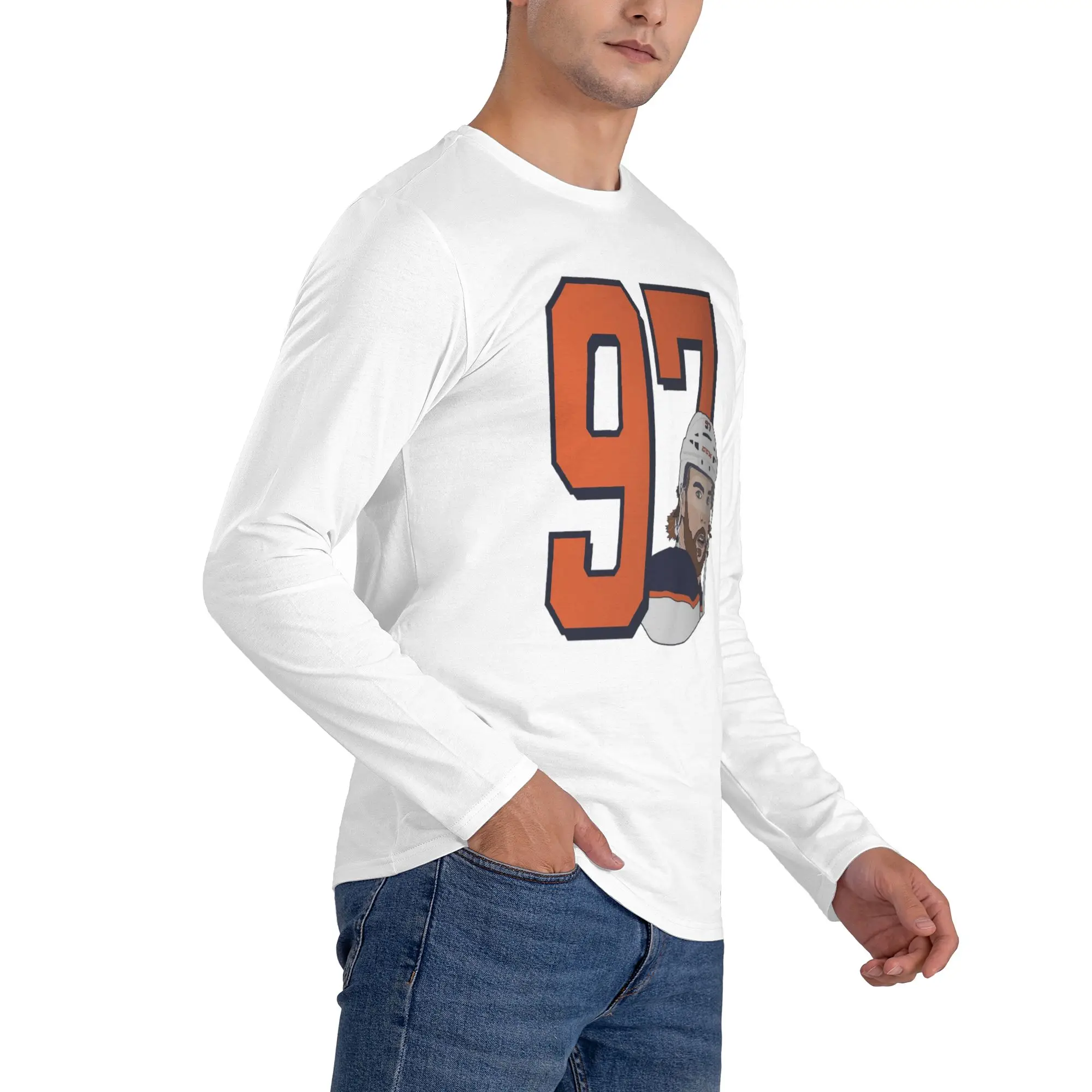 كونور ماكديفيد 97 لمحبي إدمونتون أويلرز تي شيرت رجالي بأكمام طويلة تي شيرت كاجوال برقبة مستديرة تي شيرت للربيع والخريف ملابس علوية للرجال