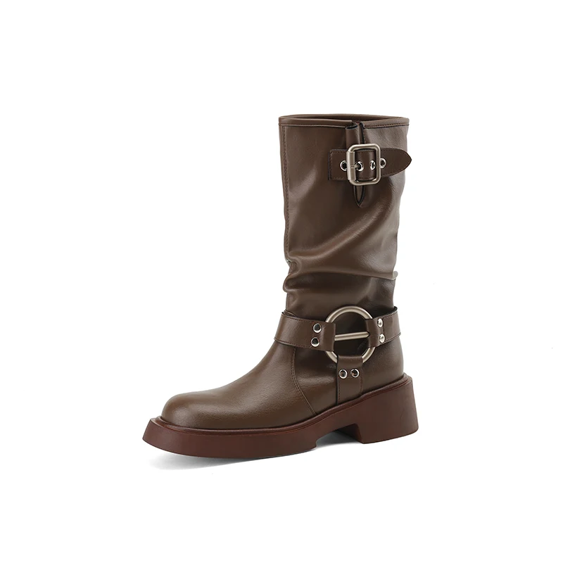 ArdenFurtado Autumn Brown Calfskin Leather Chelsea Boots Round Toe Slip-On Middle Heel Modern Boots Mid-Calf Motorcycle Footwear