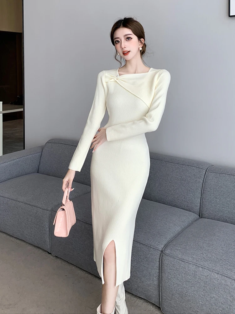 2024 Women Design Sense Split Knitted Dress Autumn Winter French Retro Temperament Advanced Sense Over The Knee Mid Length Skirt