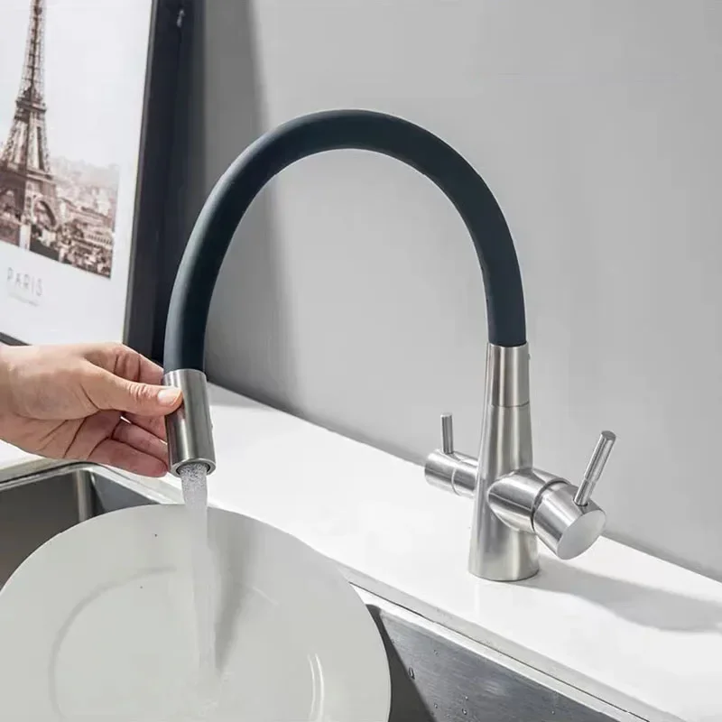 304 Stainless Steel Kitchen Water Filter Faucet Dual Spout Pure Drinking Water Mixer Tap Hot And Cold Mixed Water kitchen Faucet