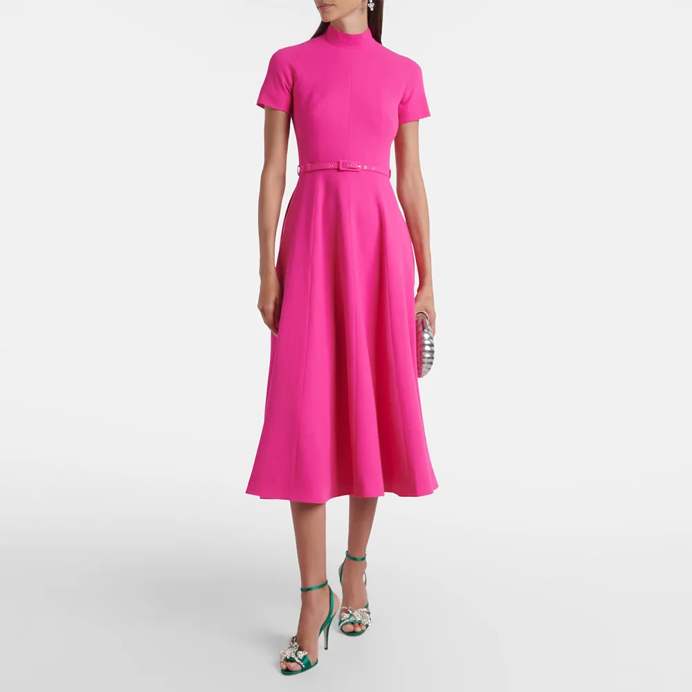 

Midi Cocktail Dress High Collar A Line Short Sleeves Simple Formal Party Gowns for Women Tea Length Hot Pink Elegant Prom Dress