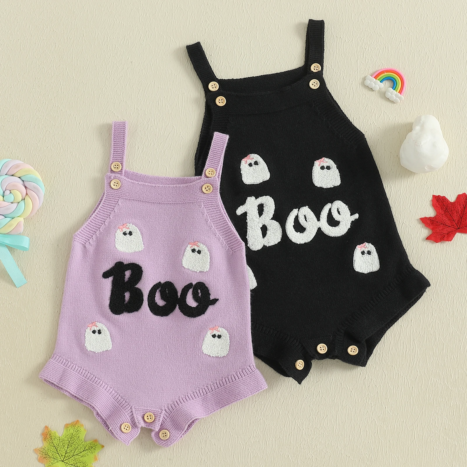 

Lioraitiin Baby Girl Knit Romper Fashionable Halloween Ghost Embroidery Square Neck Sleeveless Ruffled Jumpsuit