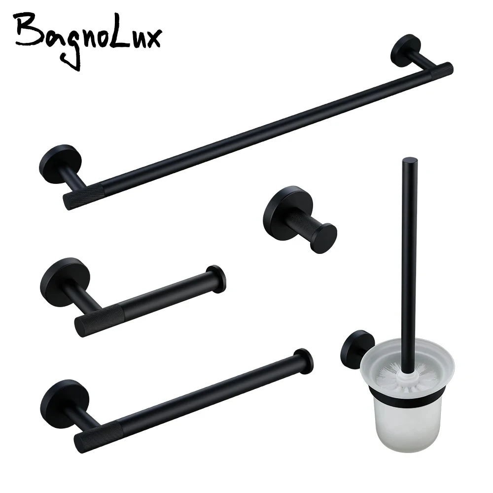 Matte Black Bathroom Accessories Towel Bar Bath Robe Hook Brass Knurled Bathroom Hardware Set Shelf for Towels Paper Tissue Hol images - 6