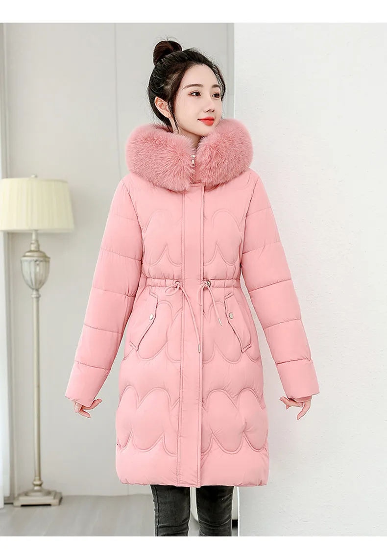 2026 Winter New Fur Collar Puffer Down Parka Loose Long Hooded Warmer Thicken Snow Jacket Pocket Zipper Outerwear Female