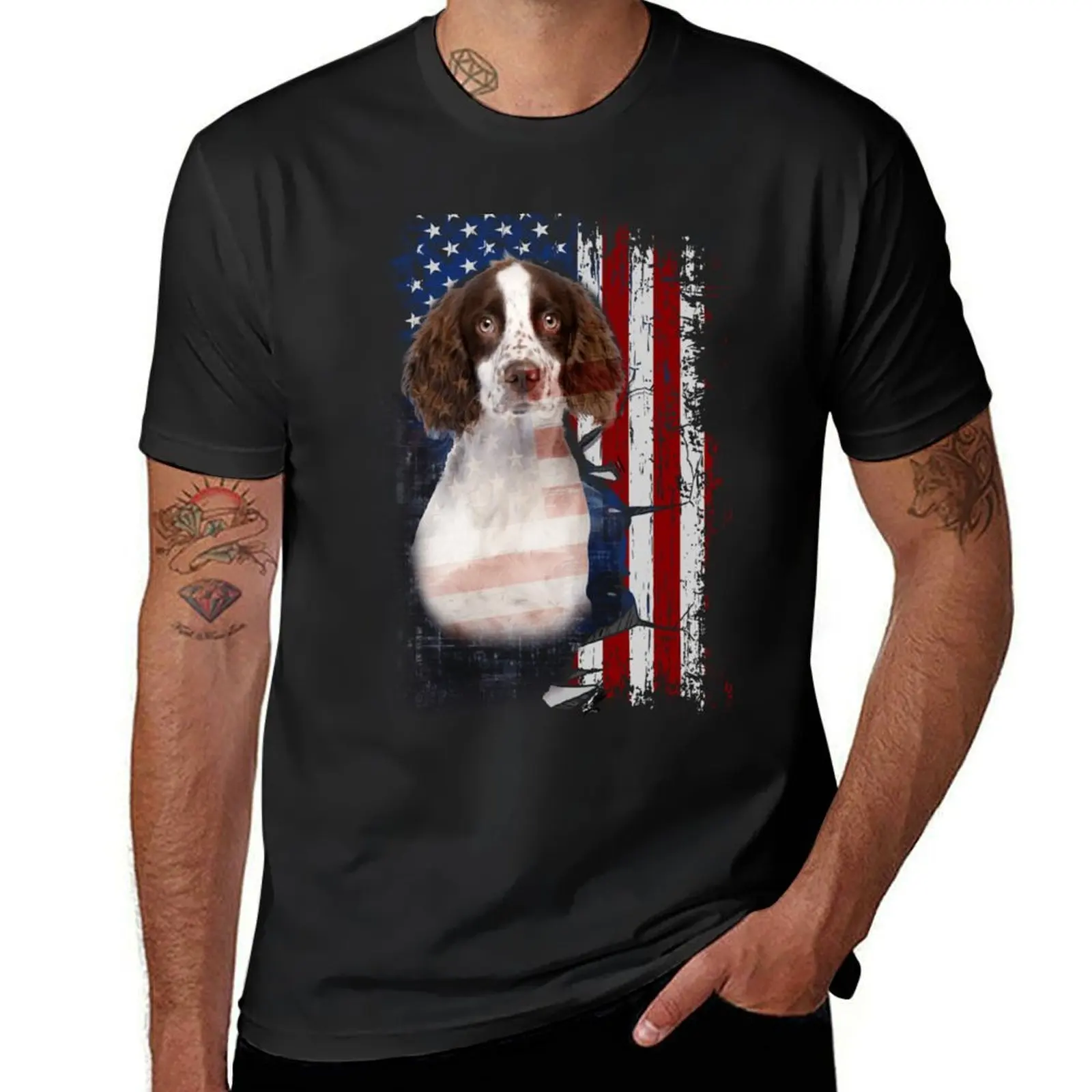 

English Springer Spaniel America Flags T-Shirt vintage quick drying men graphic t shirts