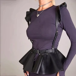 Women's Fashion Leather Body Harness Belt Skirt With Ruffle Hem Gothic Style Waist &Shoulder Belt Clothing Accessory