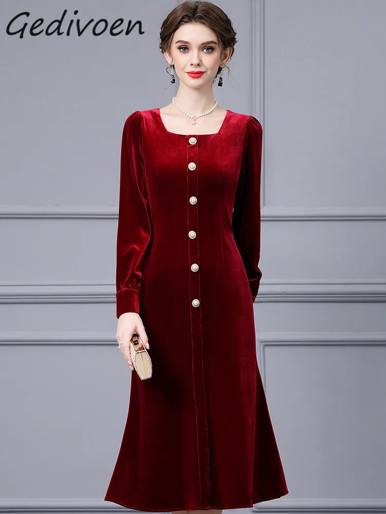 

Gedivoen Autumn Fashion Designer Wine Red Vintage Dress Women's Square Collar Single Breasted High Waist Slim Velvet Long Dress