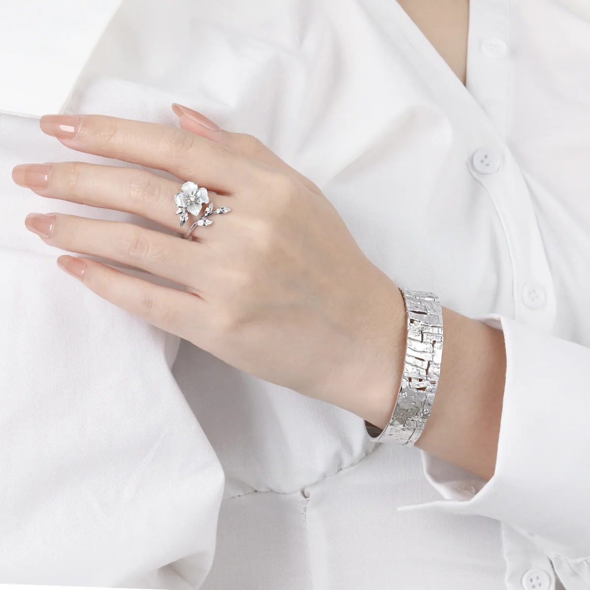 Classic Four Photo Blossoming Mouth Ring S925 Pure Silver Fashion Luxury French Style Female Gift