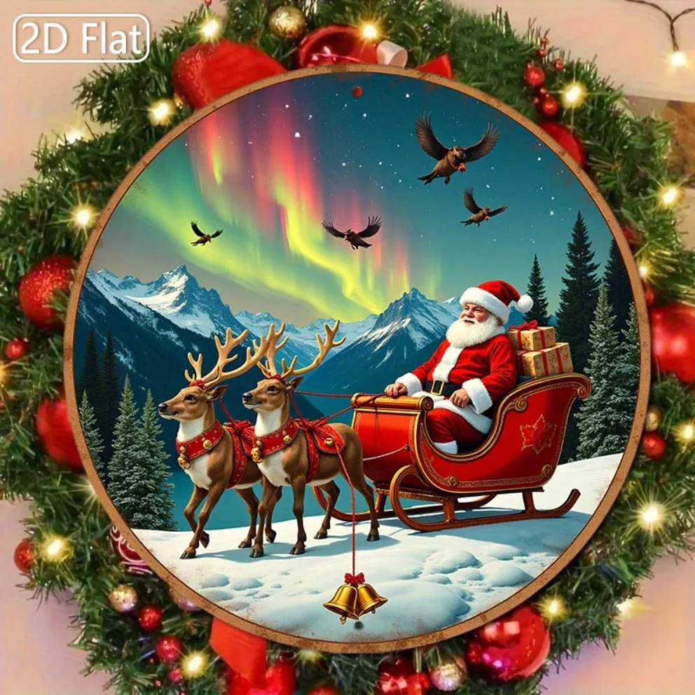 لافتة معدنية على شكل سانتا غريب الأطوار - لوحة فنية جدارية مستديرة من الألومنيوم مع مشهد غزال جبلي، ديكور عيد الميلاد قابل لإعادة الاستخدام للمطبخ المنزلي #6