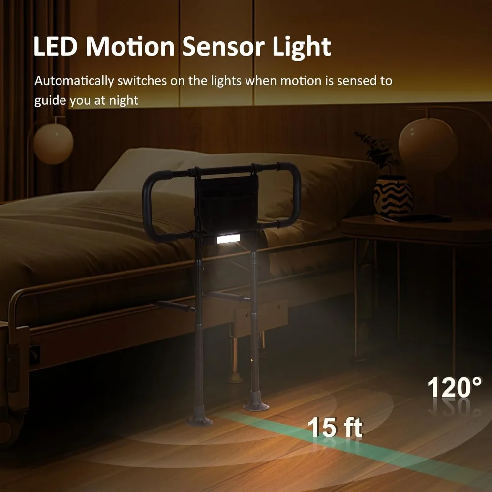 Elderly Bed Safety Rail with Motion Sensor Light, Adjustable Height & Storage Pocket for All Bed Sizes