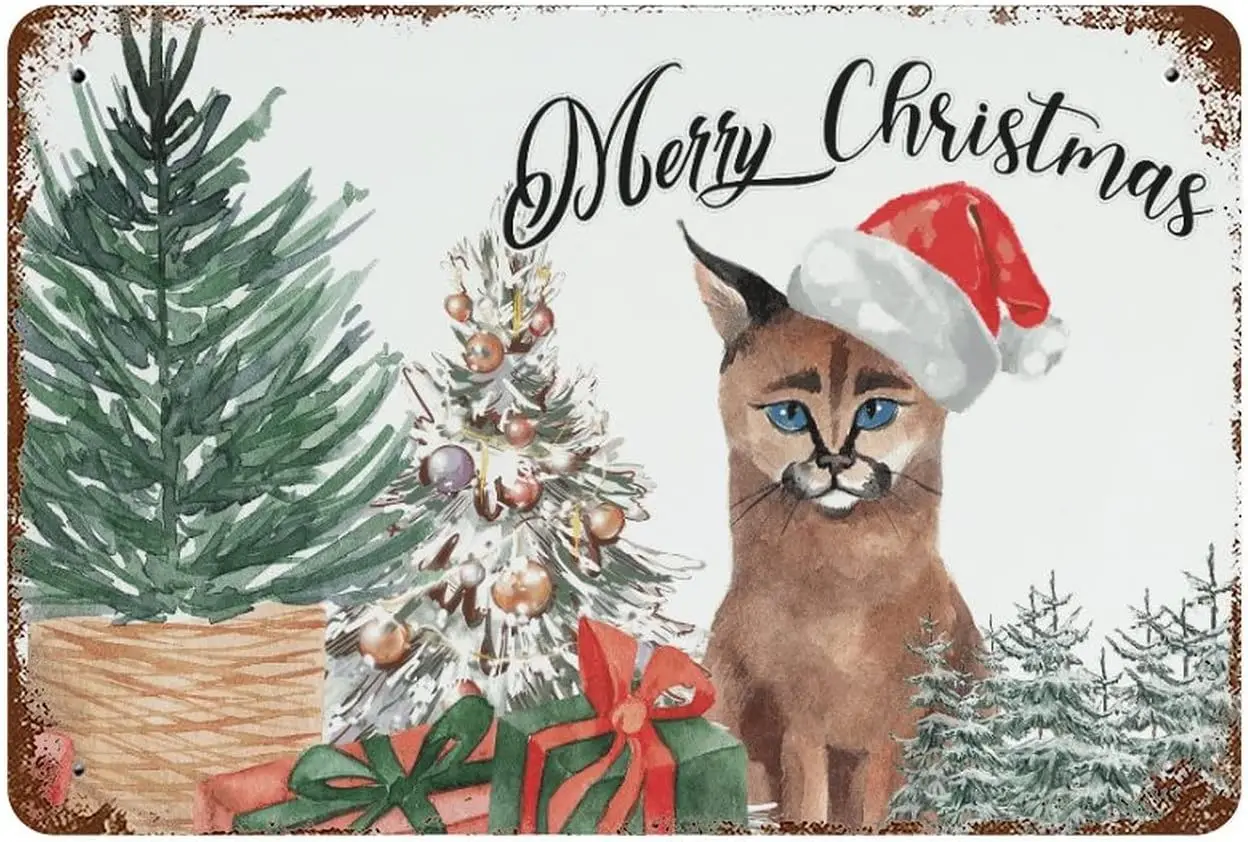 Custom Signs Outdoor Metal Meowy Christmas Cat Metal Tin Sign 8x12 Inch Cat Kitty Hat Art Tin Sign Vintage Metal Tin for Home Co