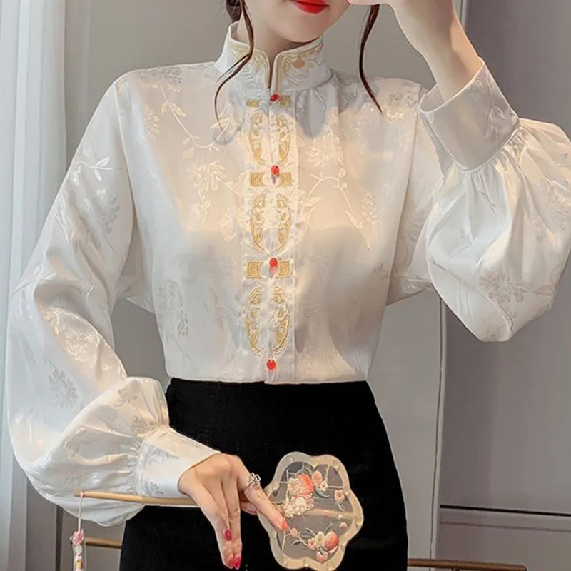 2024 New Summer Elegant Fashion Solid Color Print Retro Office Lady Women\'s Clothing Chinese Style Embroidery Turtleneck Tops