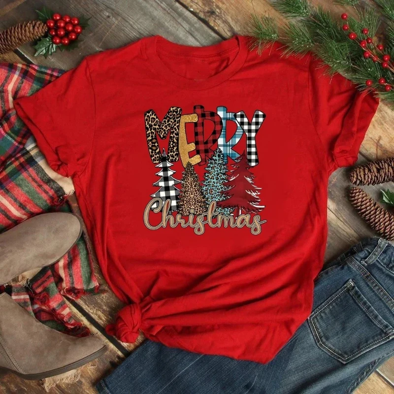 Maycaur Fashion Christmas Holiday Element Printed Women Tshirts Funny New Year Gift Men Shirt Christmas Lattice Letter Tshirt