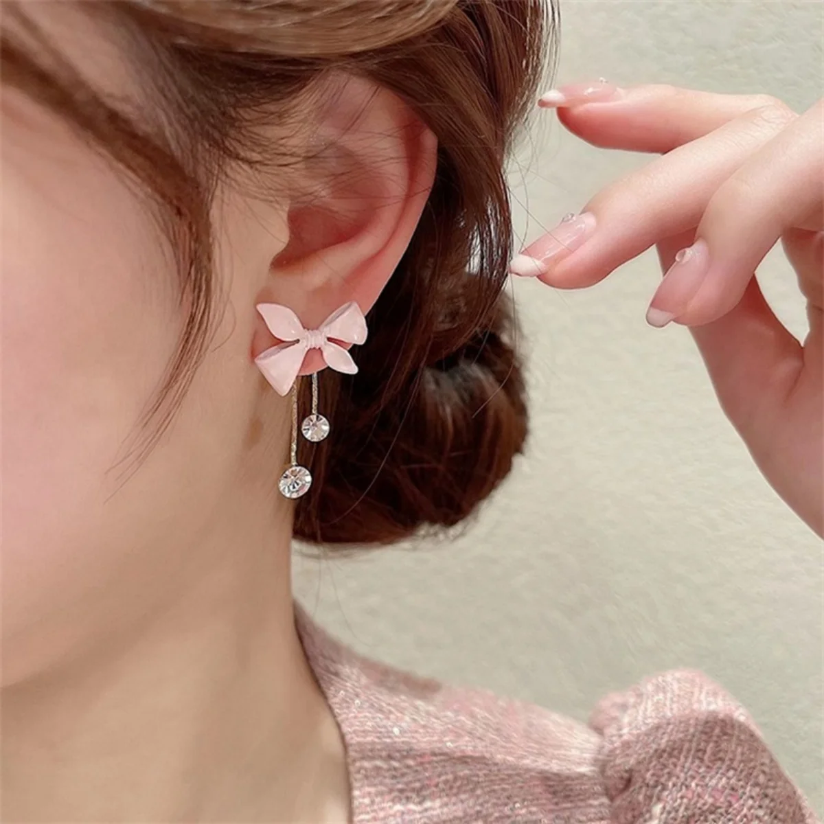 Y2K Pink Bowknot Shiny Zircon Drop Earrings For Women Elegant Crystal Imitation Pearl Tassel Bow Dangle Earrings Party Jewelry