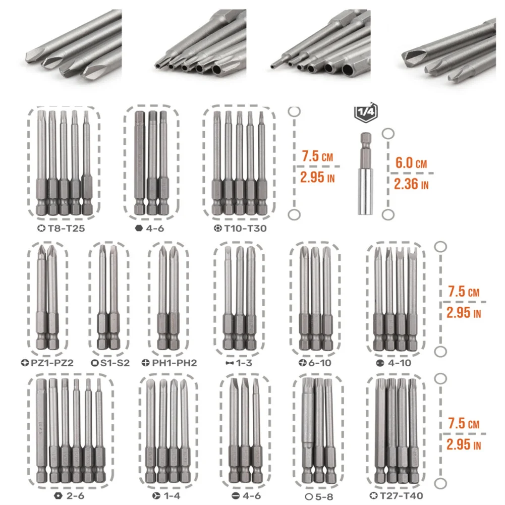 50 Stuks Magnetische Schroevendraaier Bit Set Met Opbergdoos 75Mm Ultra Lange Hoge Sterkte Chroom Vanadium Stalen Boor Set