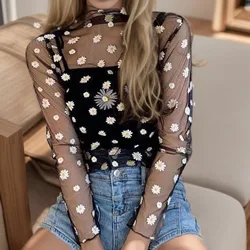 Women Daisy Print Lace Sheer Tops Sexy Tees Long Sleeve Thin Mesh Shirts Fashion Ladies Top 2024 Summer Sunscreen Blouse Blusas