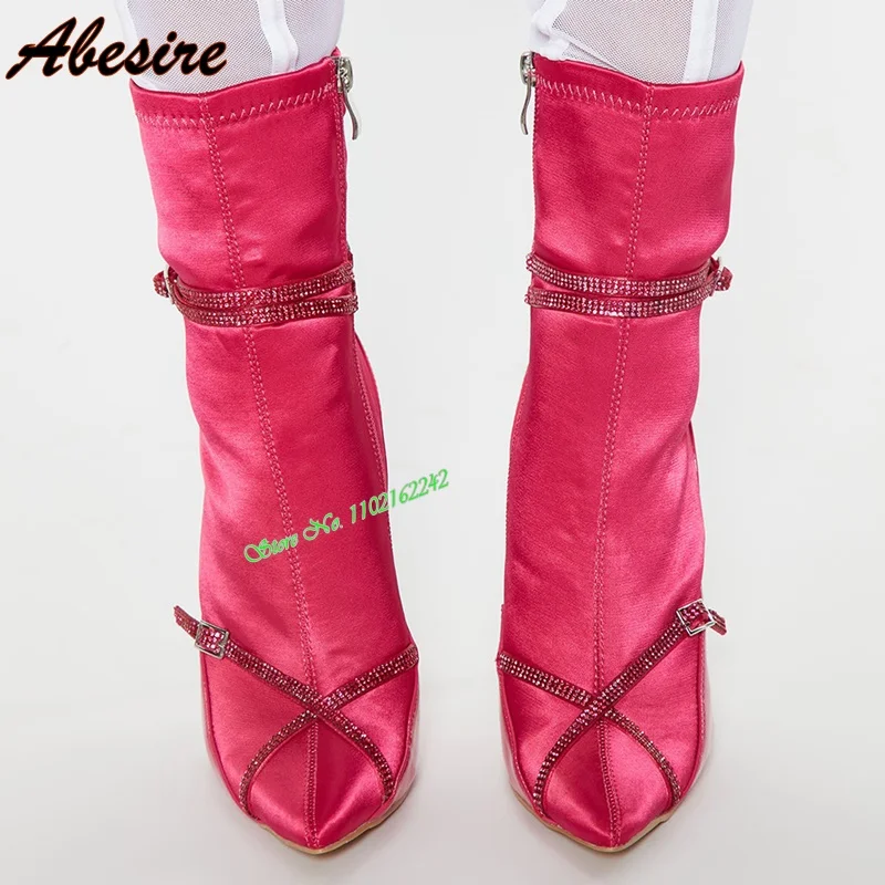 Rhinestone Rose Red Satin Short Boots Pointed Toe Stiletto Side Zipper Fashion Banquet Party Luxury Elastic Boots Autumn Winter