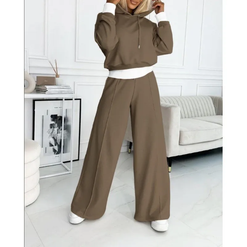 2024 Spring Autumn New Loose Sports Suit Women Long Sleeve Hooded Sweatshirt Drawstring High Waist Pocket Wide Leg Pants Suit
