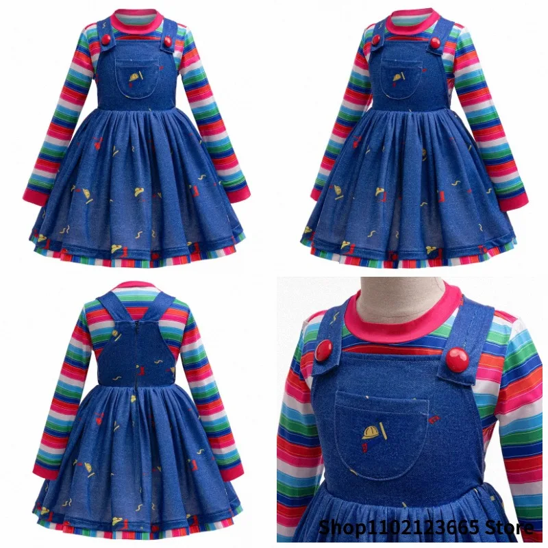 Costumes de performance pour enfants : Robe à bretelles rayée à manches longues pour fille, idéale pour le jeu de rôle d'horreur, le quotidien et le campus