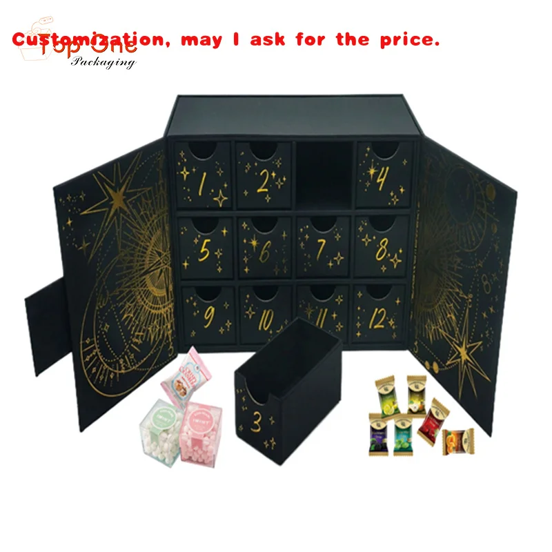 

На заказ. Черный многофункциональный 12-дневный адвент-календарь на заказ, коробка для Рамадана, магнитная коробка для хранения даты, конфеты, печенье, шоколад
